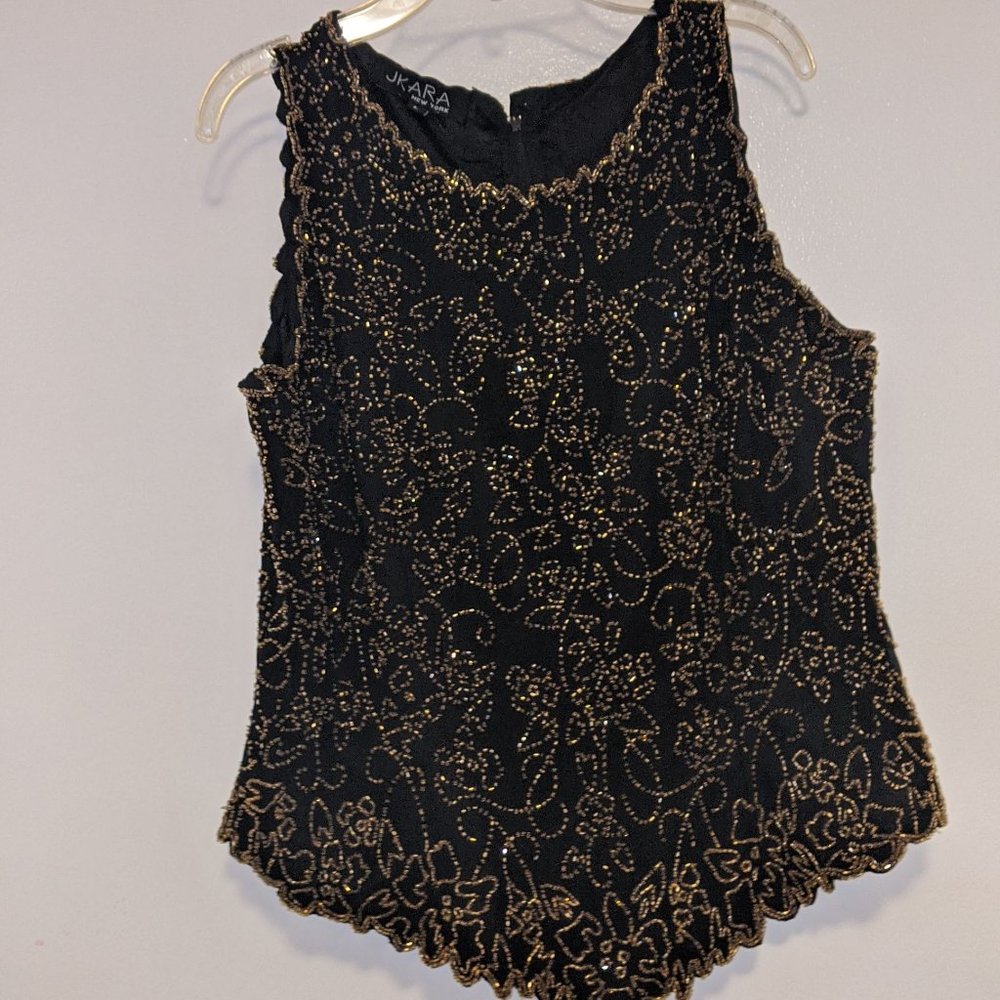 J Kara New York Gold Beaded Black Top Size Large